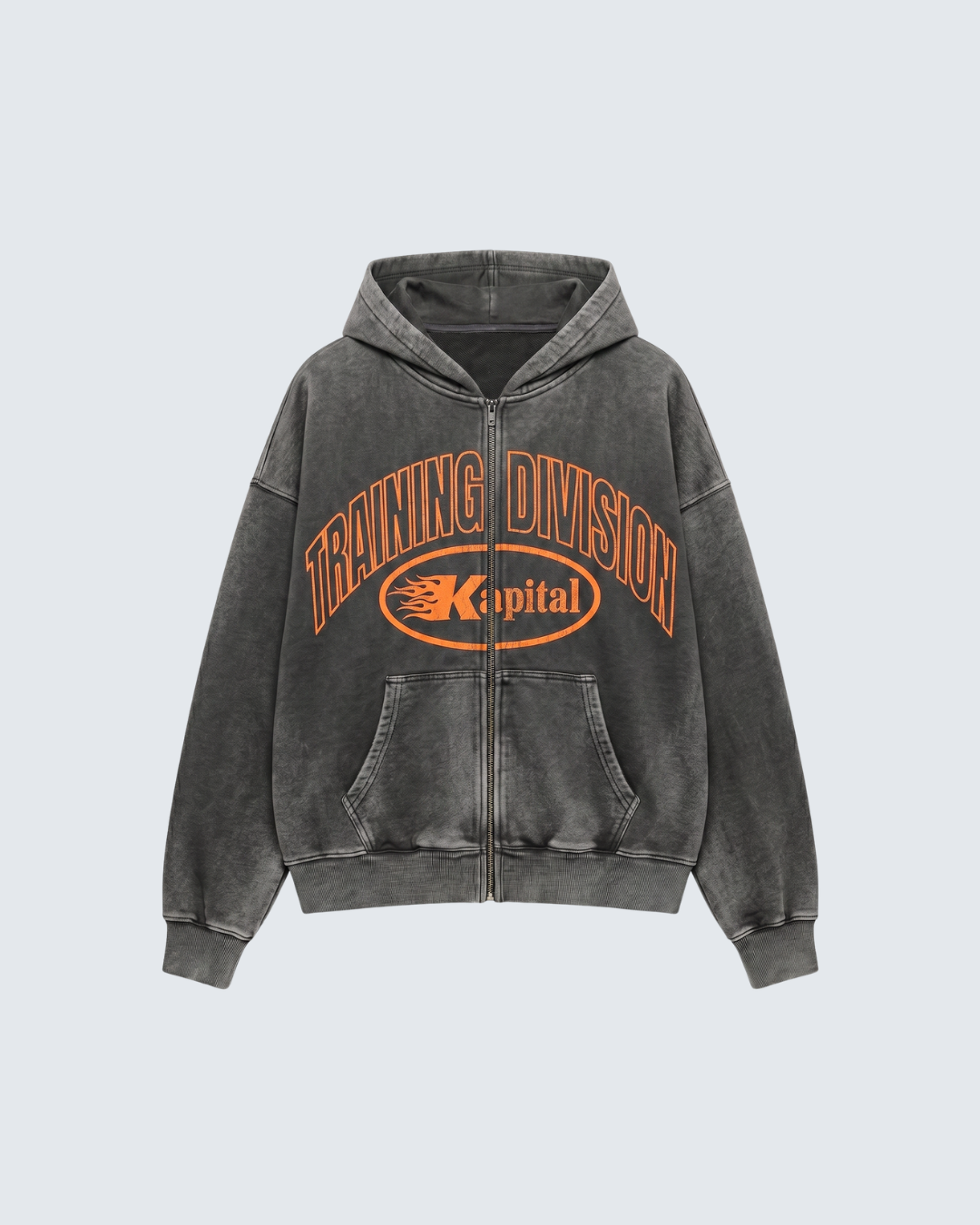 KAPITAL TRAINING DIVISION "PREMIUM MEDIUMWEIGHT" OVERSIZED CROPPED ZIP HOODIE GREY WASHED