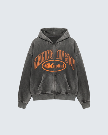 KAPITAL TRAINING DIVISION "PREMIUM MEDIUMWEIGHT" OVERSIZED CROPPED ZIP HOODIE GREY WASHED