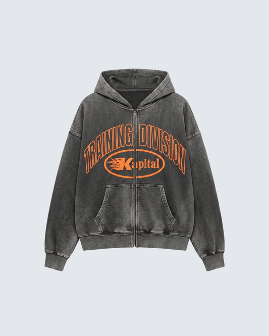 KAPITAL TRAINING DIVISION "PREMIUM MEDIUMWEIGHT" OVERSIZED CROPPED ZIP HOODIE GREY WASHED