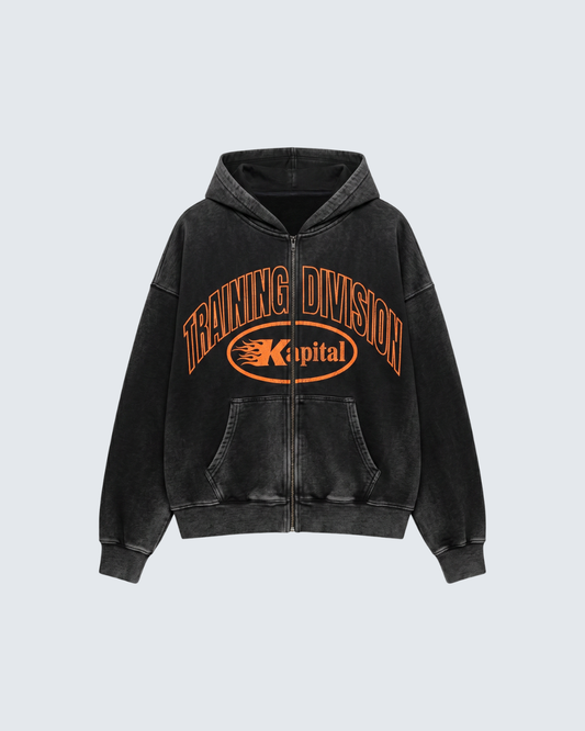 KAPITAL TRAINING DIVISION "PREMIUM MEDIUMWEIGHT" OVERSIZED CROPPED ZIP HOODIE BLACK WASHED