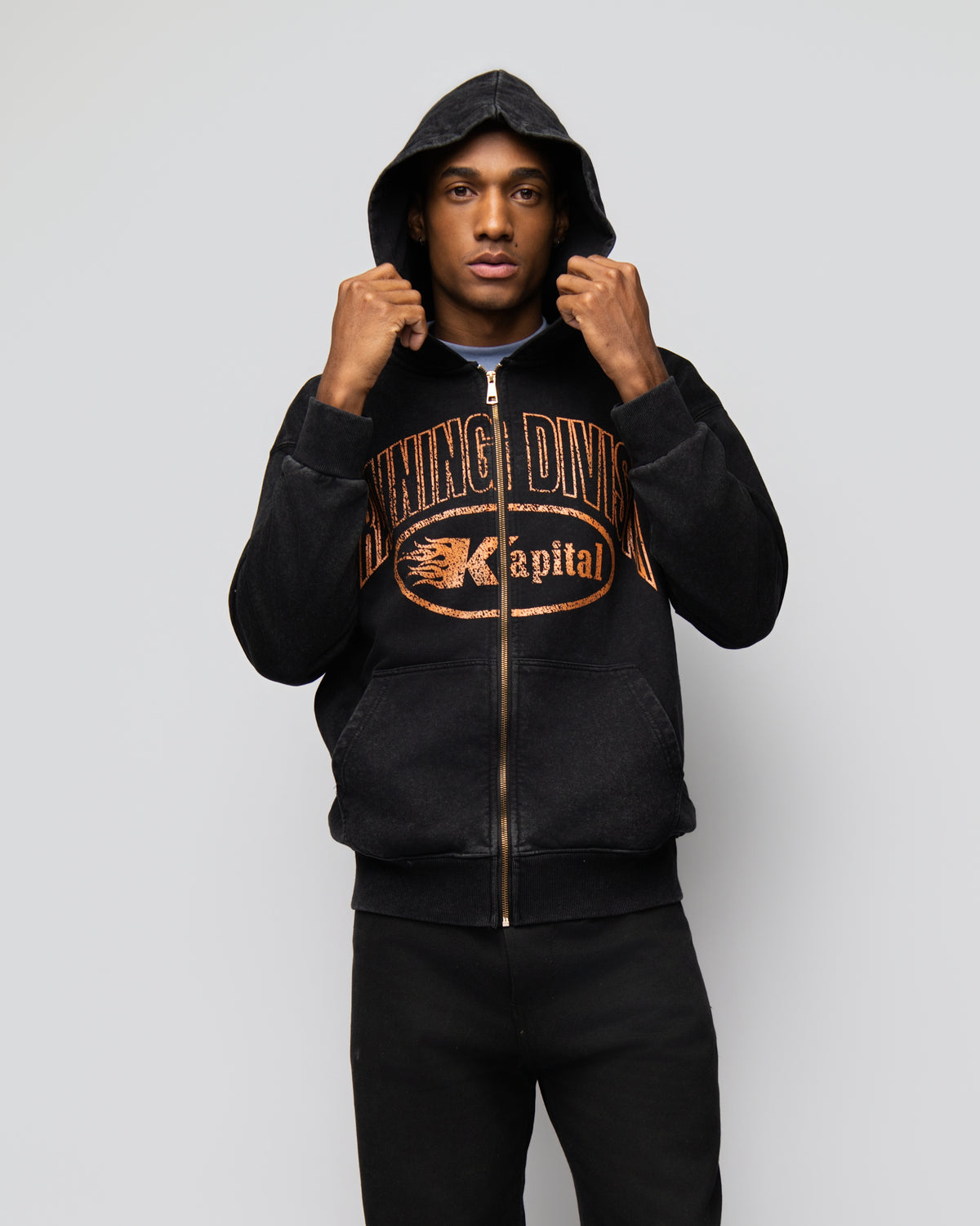 KAPITAL TRAINING DIVISION "PREMIUM MEDIUMWEIGHT" OVERSIZED CROPPED ZIP HOODIE BLACK WASHED