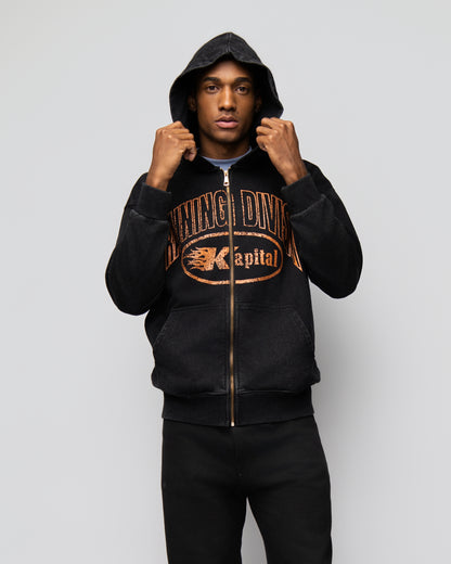 KAPITAL TRAINING DIVISION "PREMIUM MEDIUMWEIGHT" OVERSIZED CROPPED ZIP HOODIE BLACK WASHED