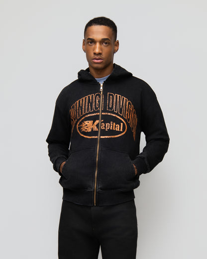 KAPITAL TRAINING DIVISION "PREMIUM MEDIUMWEIGHT" OVERSIZED CROPPED ZIP HOODIE BLACK WASHED