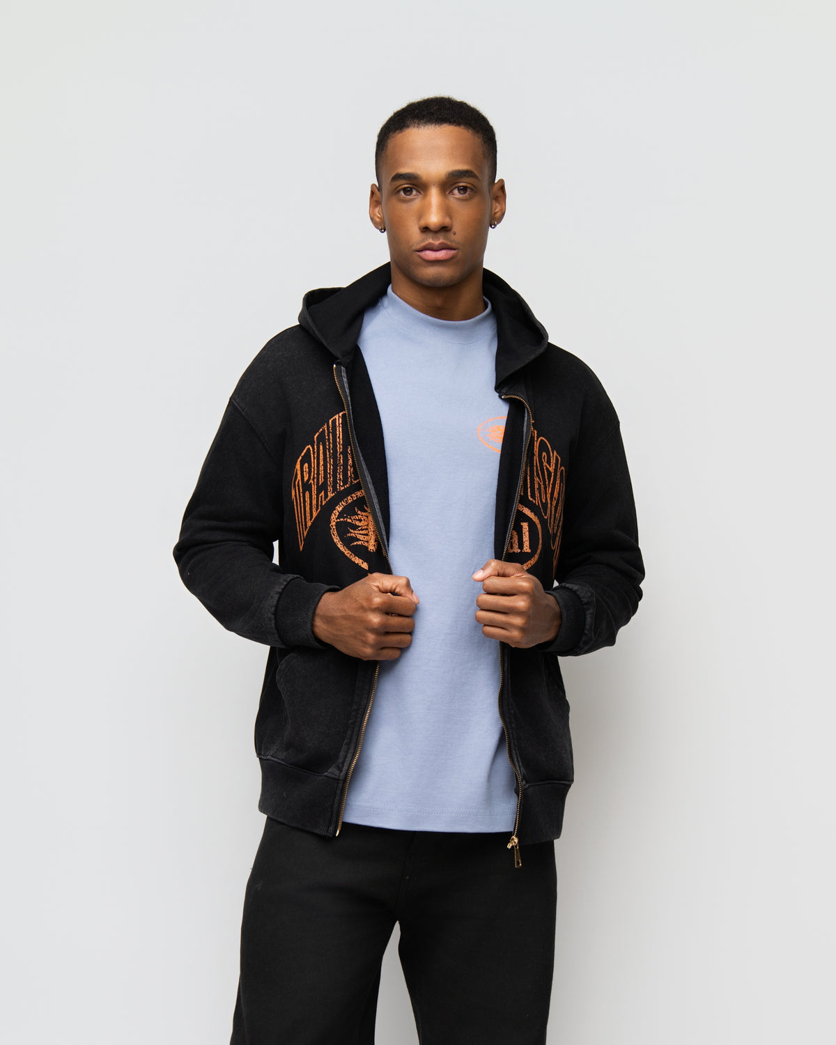 KAPITAL TRAINING DIVISION "PREMIUM MEDIUMWEIGHT" OVERSIZED CROPPED ZIP HOODIE BLACK WASHED