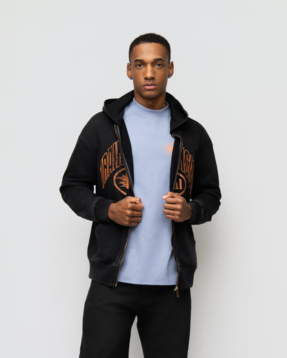 KAPITAL TRAINING DIVISION "PREMIUM MEDIUMWEIGHT" OVERSIZED CROPPED ZIP HOODIE BLACK WASHED