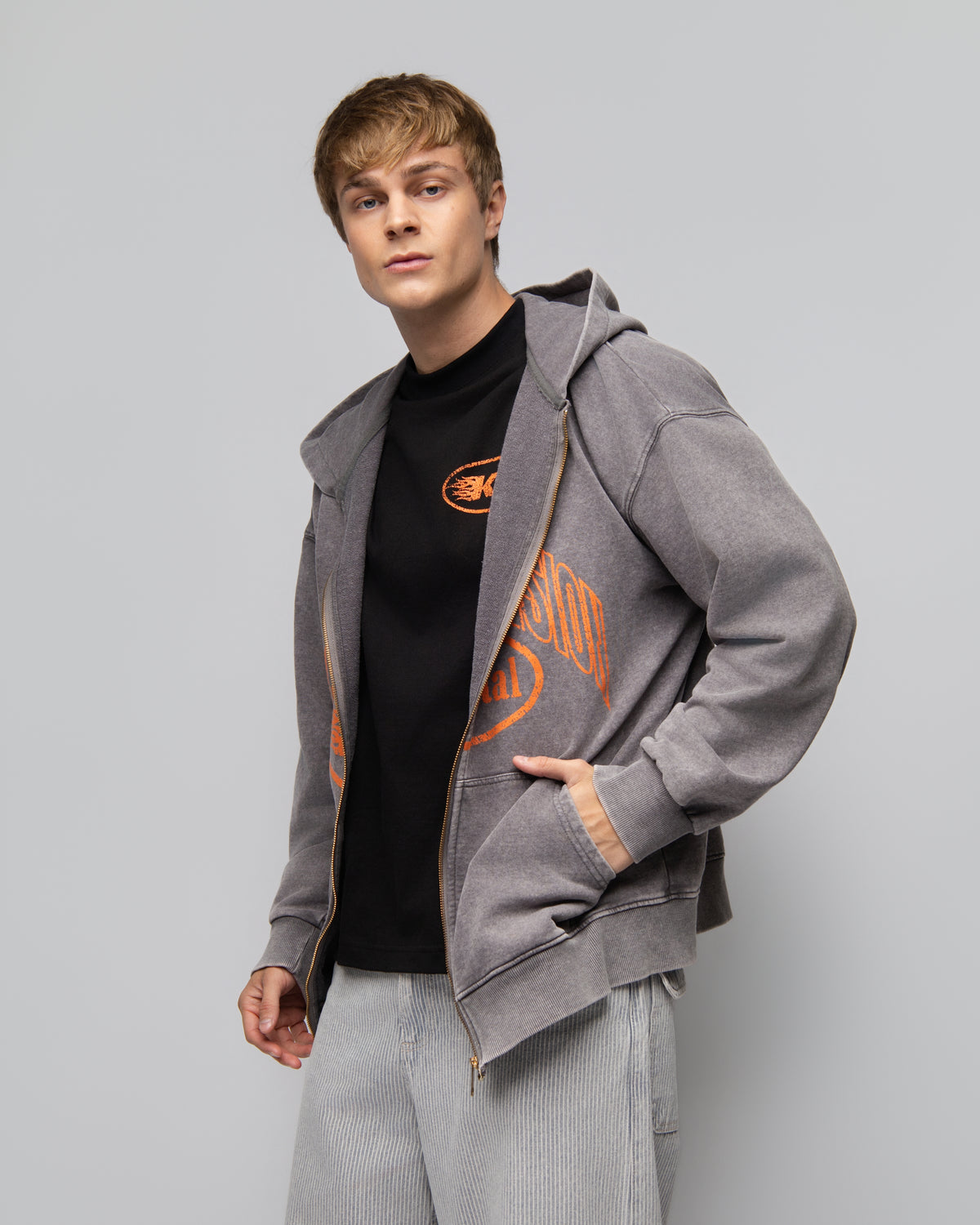 KAPITAL TRAINING DIVISION "PREMIUM MEDIUMWEIGHT" OVERSIZED CROPPED ZIP HOODIE GREY WASHED