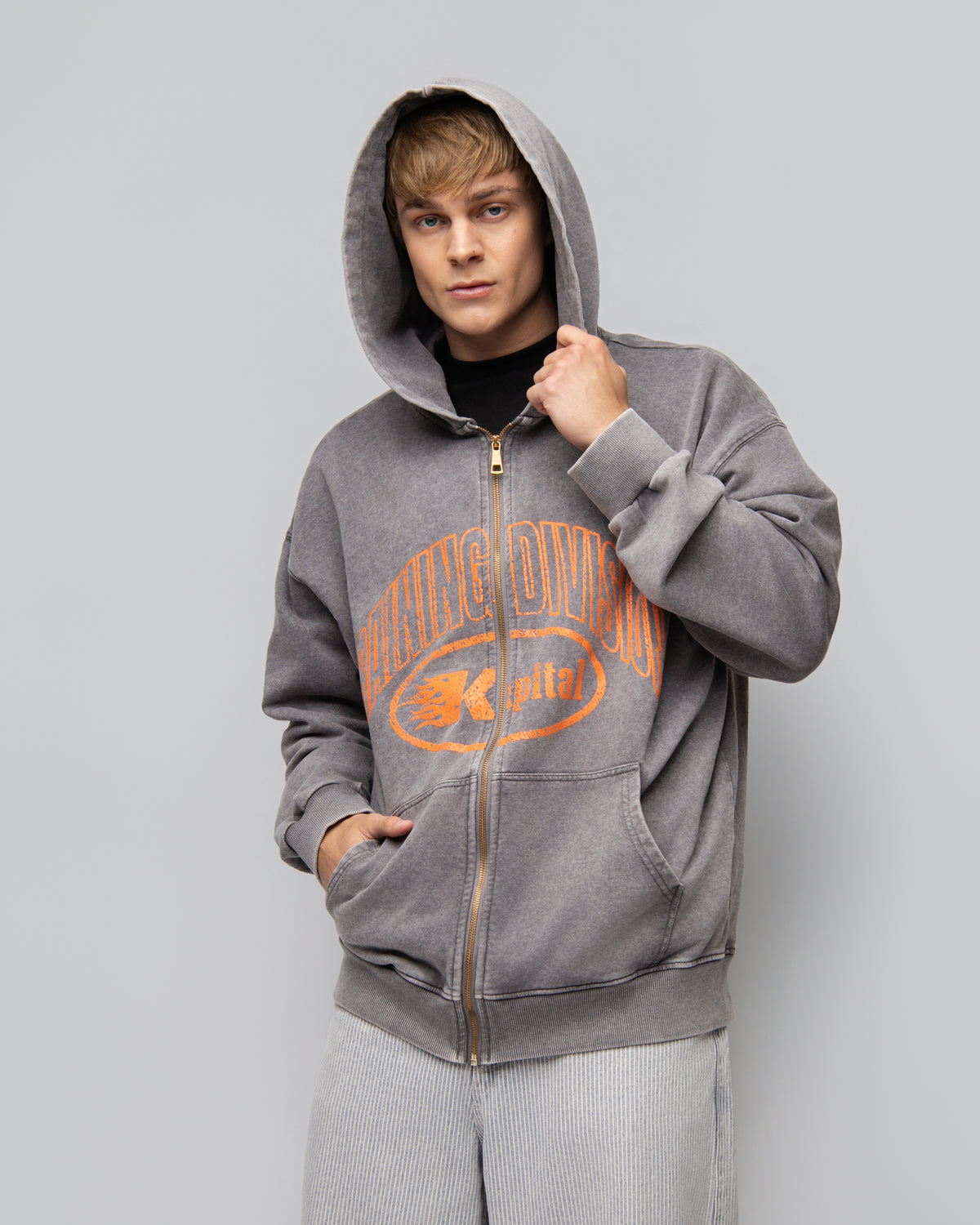 KAPITAL TRAINING DIVISION "PREMIUM MEDIUMWEIGHT" OVERSIZED CROPPED ZIP HOODIE GREY WASHED