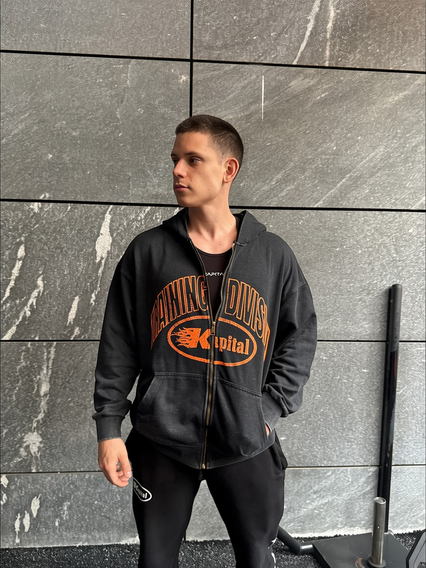 KAPITAL TRAINING DIVISION "PREMIUM MEDIUMWEIGHT" OVERSIZED CROPPED ZIP HOODIE BLACK WASHED