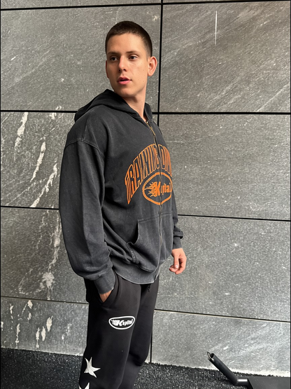 KAPITAL TRAINING DIVISION "PREMIUM MEDIUMWEIGHT" OVERSIZED CROPPED ZIP HOODIE BLACK WASHED