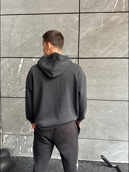 KAPITAL TRAINING DIVISION "PREMIUM MEDIUMWEIGHT" OVERSIZED CROPPED ZIP HOODIE BLACK WASHED