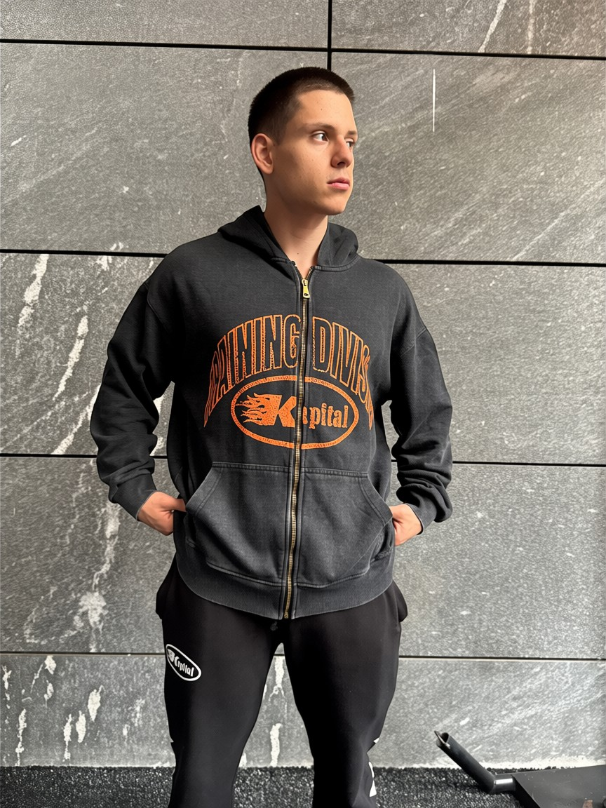 KAPITAL TRAINING DIVISION "PREMIUM MEDIUMWEIGHT" OVERSIZED CROPPED ZIP HOODIE BLACK WASHED