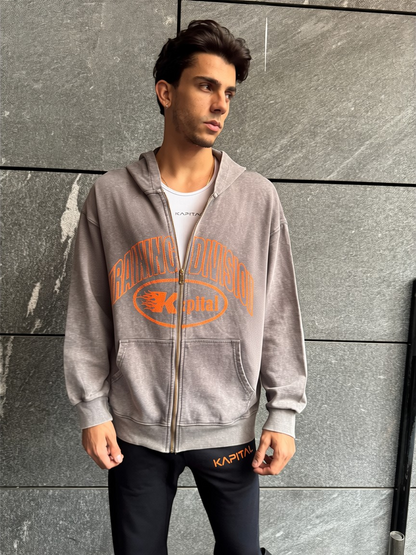 KAPITAL TRAINING DIVISION "PREMIUM MEDIUMWEIGHT" OVERSIZED CROPPED ZIP HOODIE GREY WASHED
