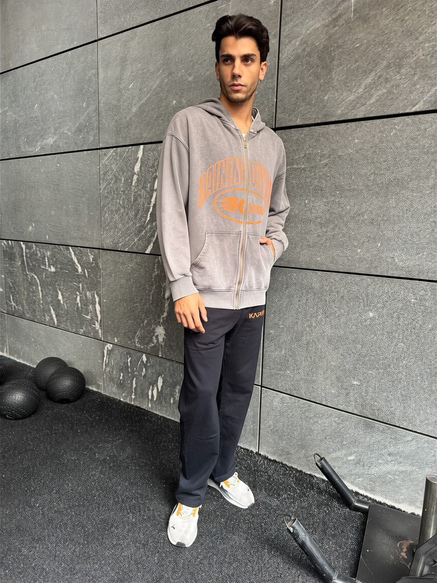 KAPITAL TRAINING DIVISION "PREMIUM MEDIUMWEIGHT" OVERSIZED CROPPED ZIP HOODIE GREY WASHED